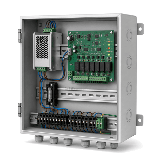 Open controller showing power supply relays terminal blocks and PCB