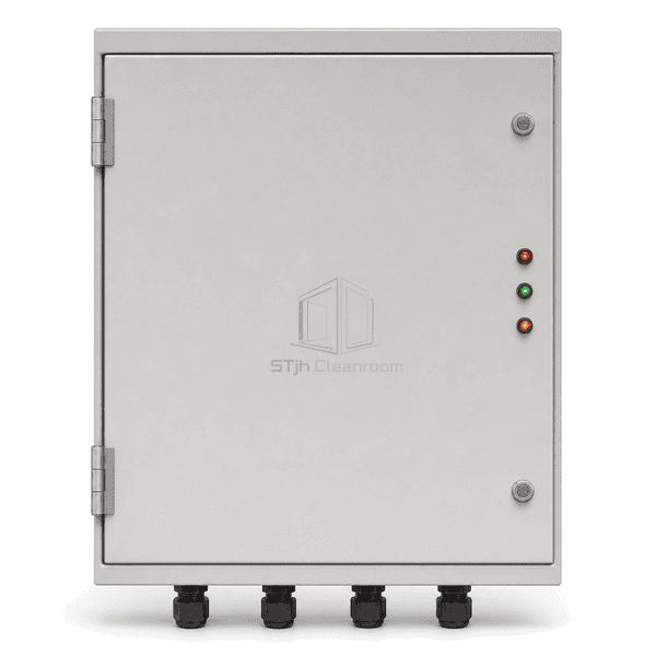 Front view of a labeled cleanroom interlock control enclosure