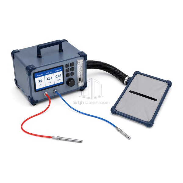 Cleanroom door leakage tester horizontal complete-kit view with red-blue pressure tubes, black hose and deployed seal hood