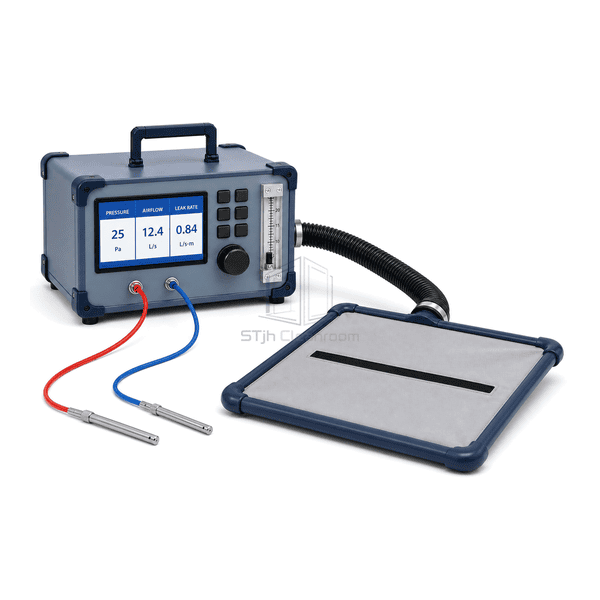 Cleanroom door leakage tester door-seal interface view showing the foldable rectangular hood, narrow slot and hose coupling