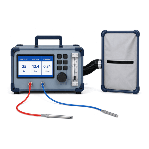 Cleanroom door leakage tester front-control view showing pressure, airflow and leak-rate display, six keys and one flowmeter