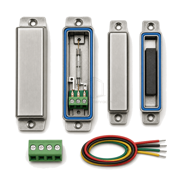 Opened door sensor showing sealed reed capsule and ferrite magnet