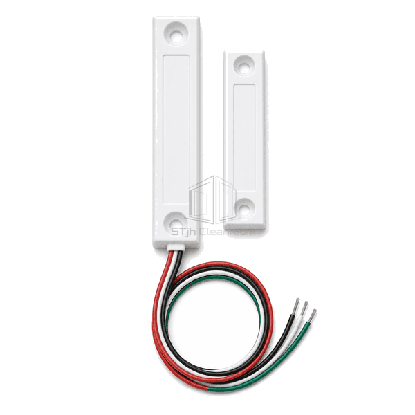 Upright front view of a white magnetic door contact pair with color-coded lead
