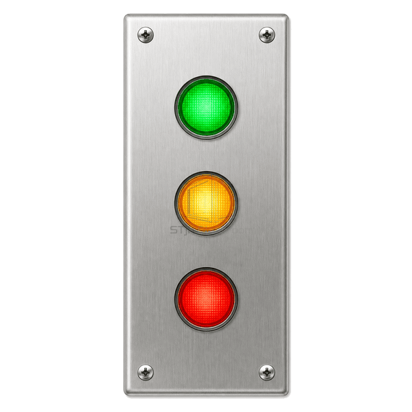 Front elevation of green amber and red cleanroom status lights