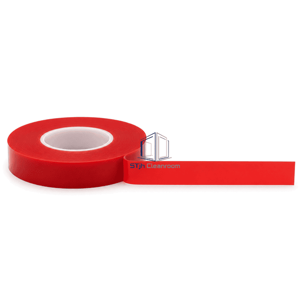 Cleanroom double-sided tape roll with red-lined strip extended horizontally