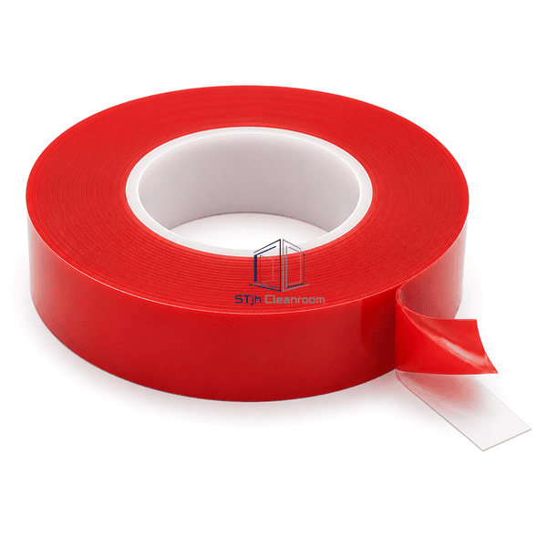 Complete cleanroom double-sided tape roll with red liner peeled to reveal clear adhesive film