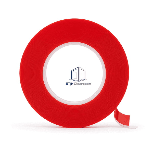 Red-lined cleanroom double-sided tape roll standing upright