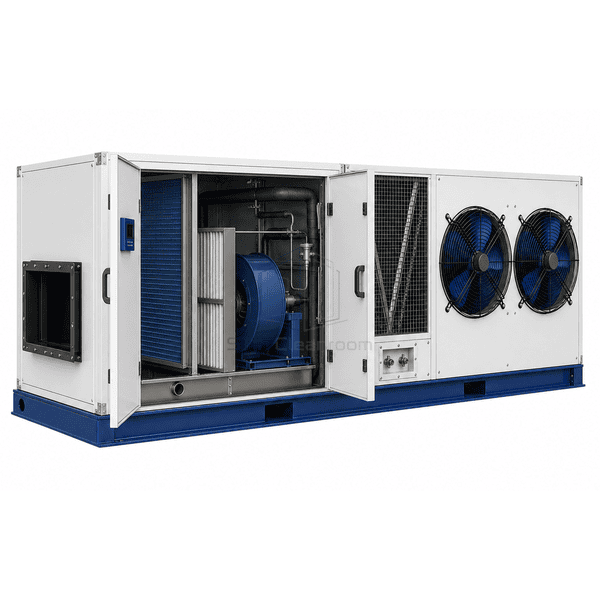 Cutaway showing filters DX evaporator reheat and supply fan