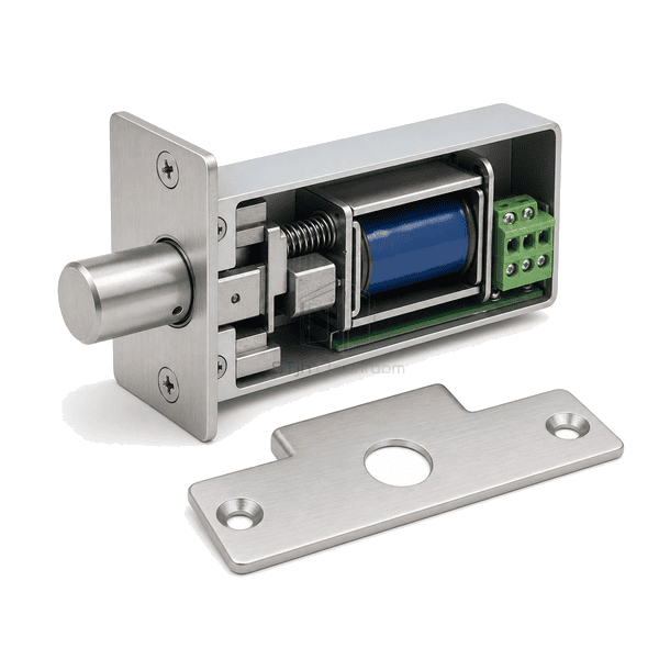 Electric drop bolt internal solenoid and hardened locking pin