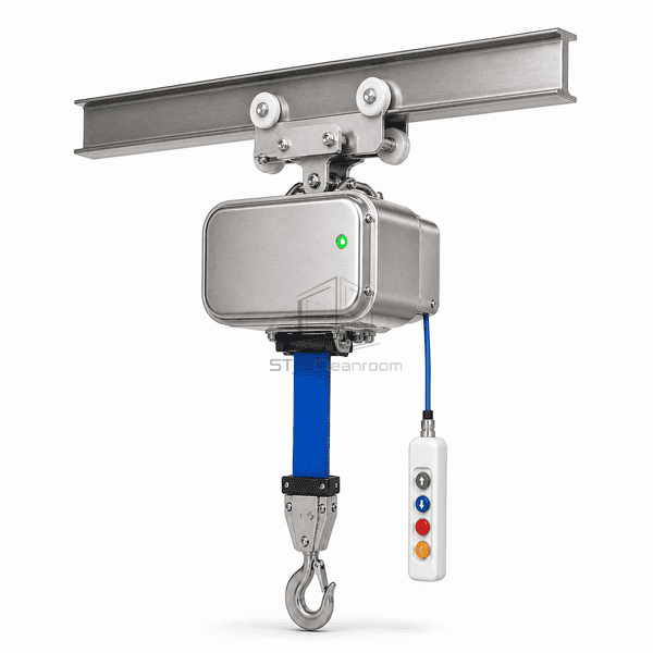 Complete cleanroom electric hoist and short trolley beam in wide perspective