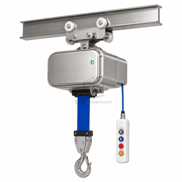 Cleanroom hoist structural view showing flat belt outlet hook block and pendant