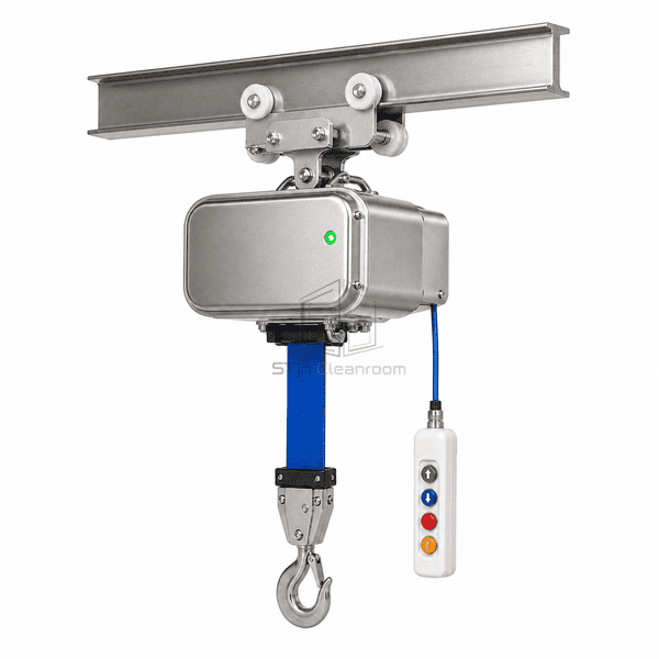 Cleanroom belt hoist side view showing sealed housing and trolley wheels