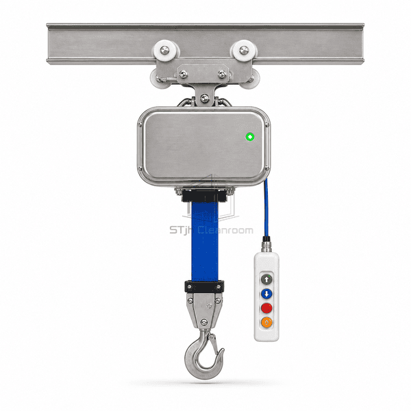 Stainless cleanroom electric hoist shown in straight front elevation