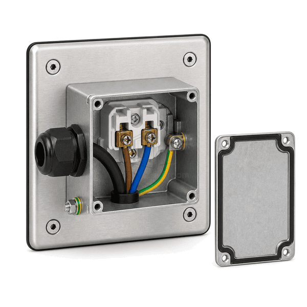 Rear view of terminals, earth connection and cable gland