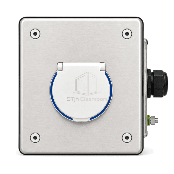 Front view of the socket module and engraved stainless faceplate
