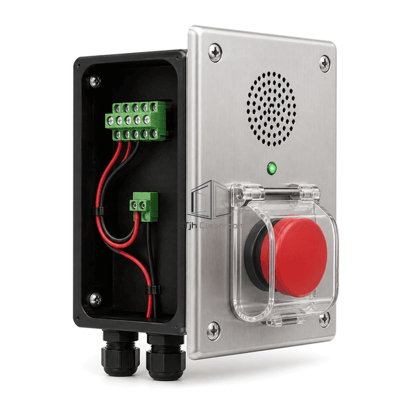 Rear interface view showing supervised terminals, relay output and cable glands