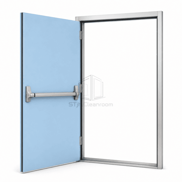 Cleanroom emergency exit door opened outward to show the complete passage