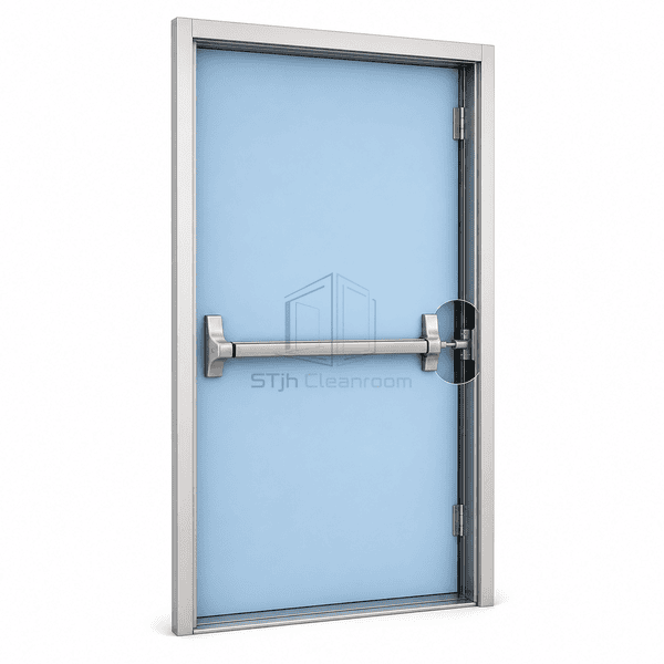 Cleanroom emergency exit door panic bar latch and frame gasket detail