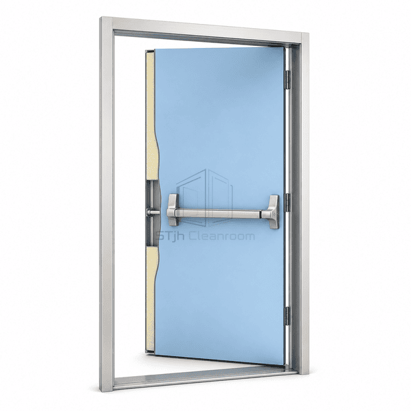 Cleanroom emergency exit door side cutaway showing hygienic leaf core and seals