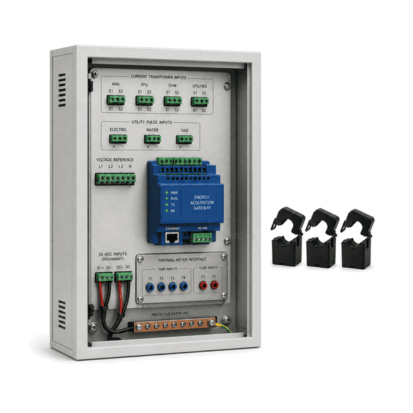 Rear three-quarter view of the entire energy cabinet with current-transformer blocks, pulse inputs and meter communication ports clearly exposed