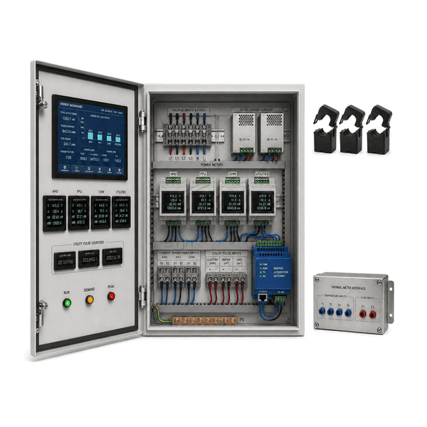 Open side view showing energy acquisition modules, gateways and segregated metering terminals