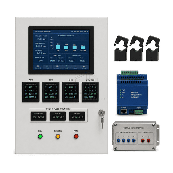Front view of cleanroom energy panel showing utility meters and demand dashboard