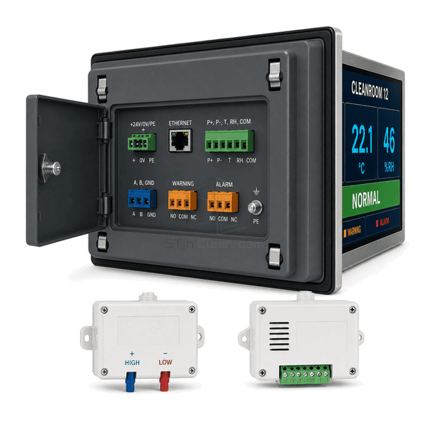 Rear three-quarter view of the entire environmental display with gasketed flush bezel, locking power plug and Ethernet connector clearly exposed
