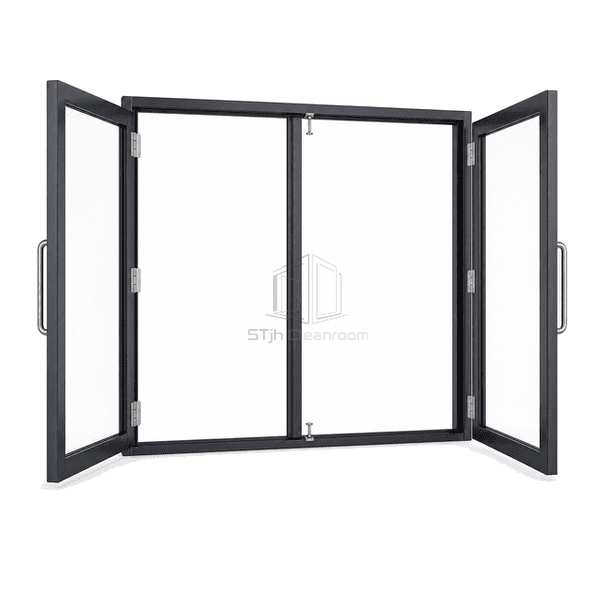 Cleanroom equipment access door with both leaves opened across the full transfer path