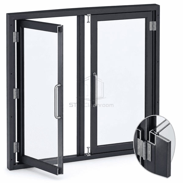 Cleanroom equipment access door side view showing rigid panel and reinforced frame