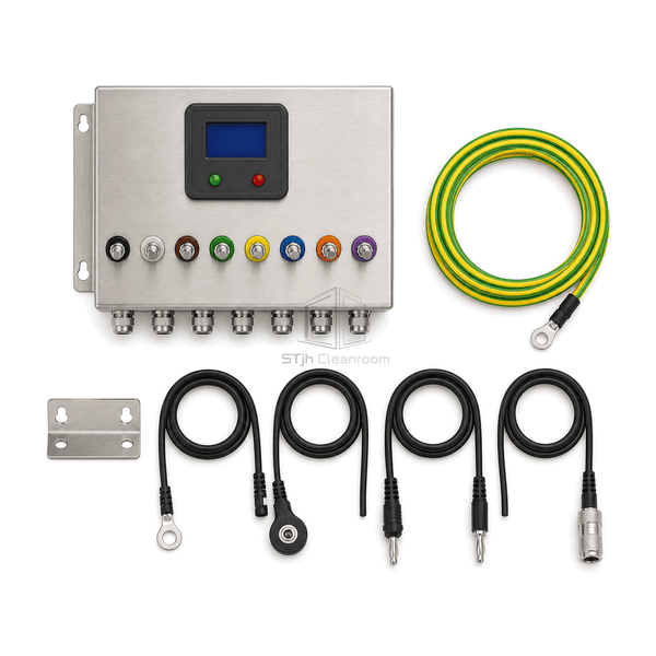 Overhead layout of complete ESD common point system with earth lead mat cords and wrist connectors