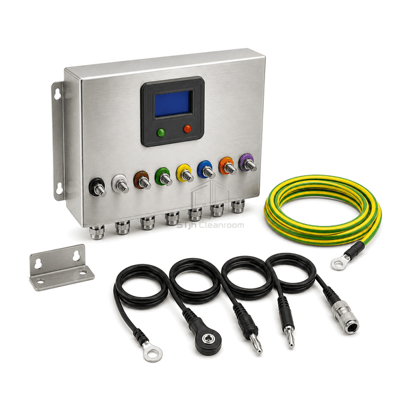 Complete cleanroom grounding system view emphasizing common point terminals locking plugs and earth connection