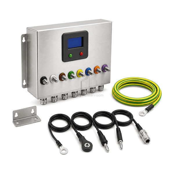 Side view of cleanroom ESD grounding system showing shallow stainless hub and cable entries