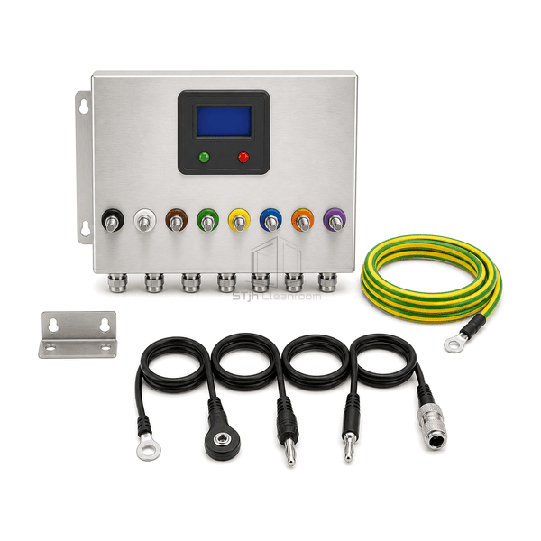 Front view of complete cleanroom ESD grounding panel with labeled terminals and status display