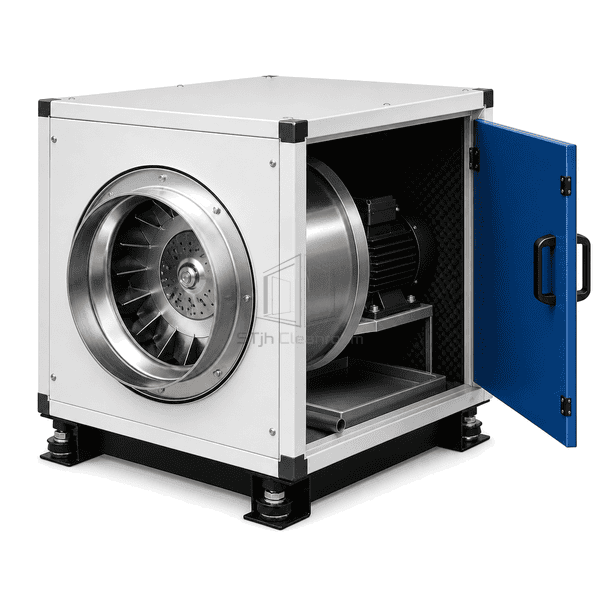 Open cabinet showing the centrifugal wheel motor and isolation base in the exhaust fan unit