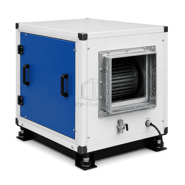 Rectangular discharge connection and pressure fittings on the cleanroom exhaust-air fan unit