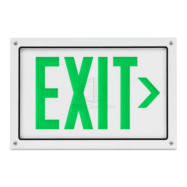 Straight-on view of the illuminated exit legend and directional chevron