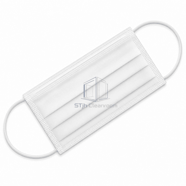 White cleanroom face mask laid flat with complete earloops
