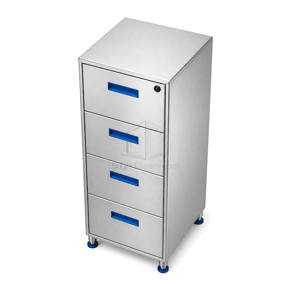 Elevated view of cleanroom file cabinet and four-drawer stack