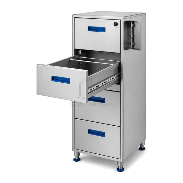 Open file drawer showing hanging-file rails runner anti-tilt interlock and gang lock