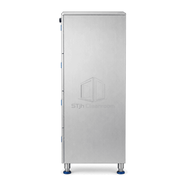 Side view showing tall stainless file cabinet depth and leveling feet