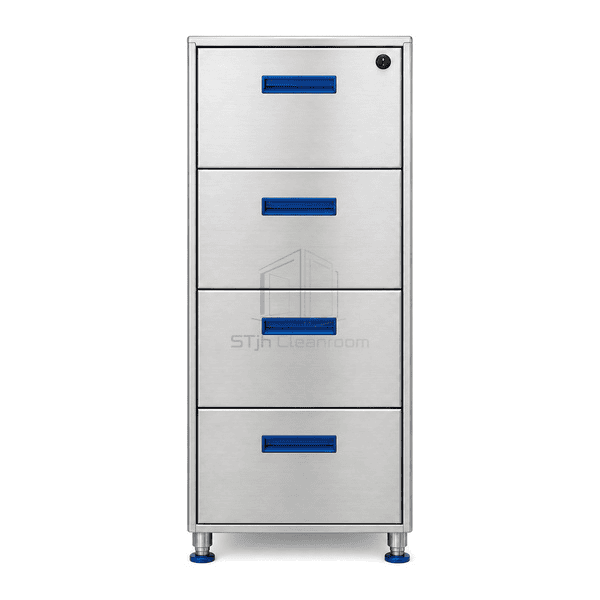 Front view of lockable cleanroom filing cabinet and blue label pulls