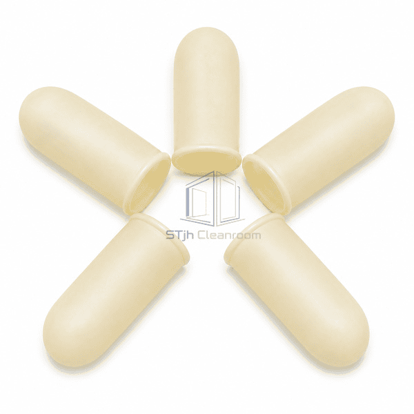 Five smooth latex finger cots arranged flat on white