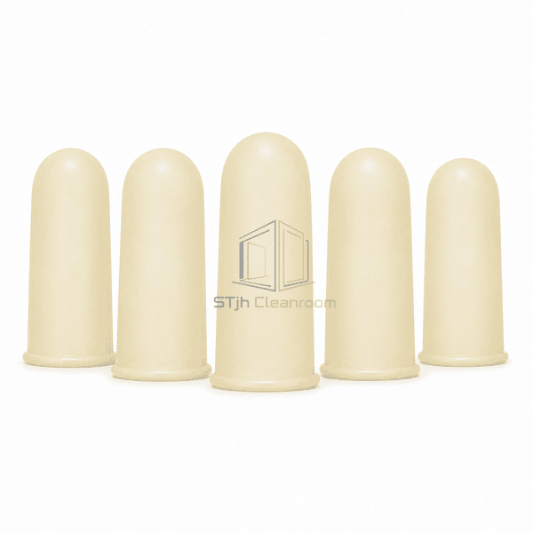 Five powder-free latex finger cots standing upright