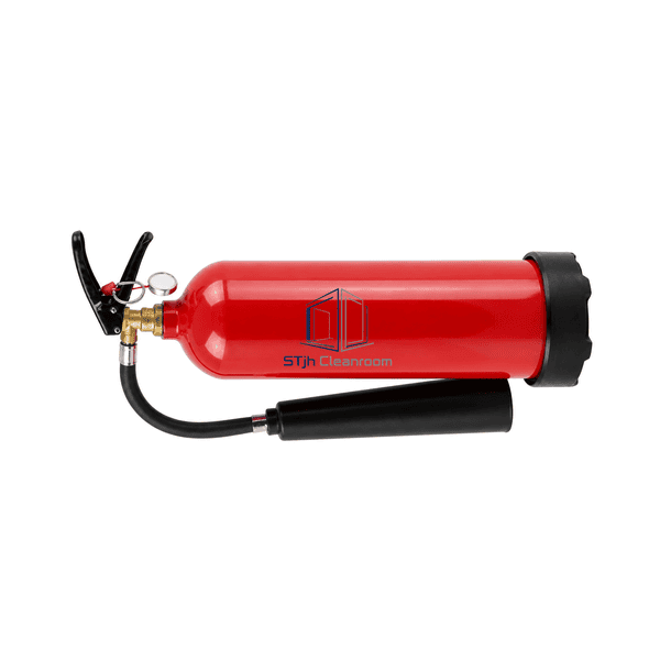 Complete horizontal presentation of the extinguisher, hose and mounting hardware