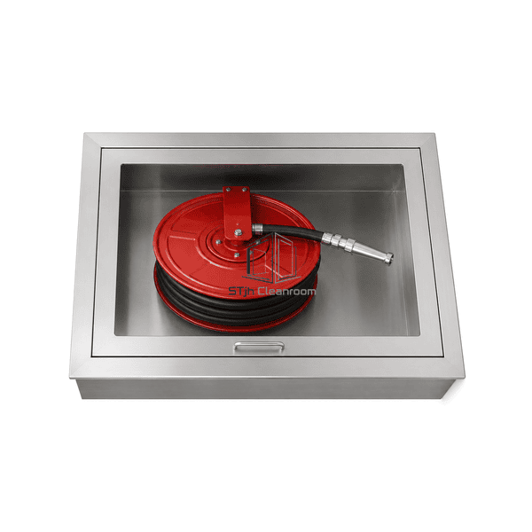 Complete horizontal presentation of cabinet, hose rack, valve and nozzle