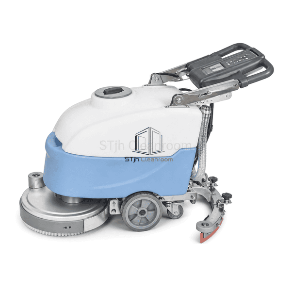 Folded-handle cleanroom floor scrubber in complete horizontal view