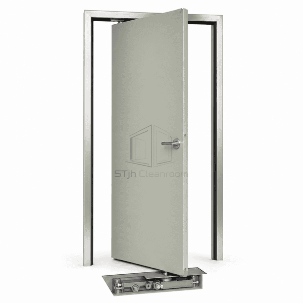 Cleanroom floor-spring door concealed hydraulic closer and bottom pivot detail