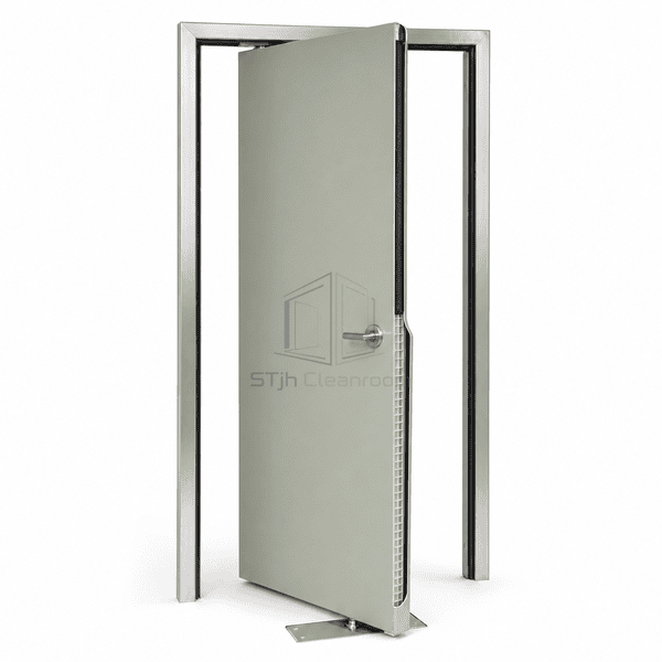 Cleanroom floor-spring door side cutaway showing leaf core and pivot spindle