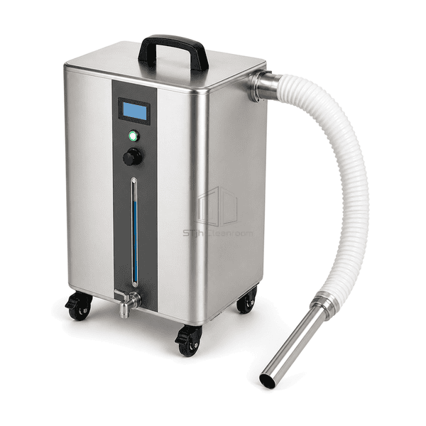 Cleanroom fog generator reservoir drain and hose connection detail