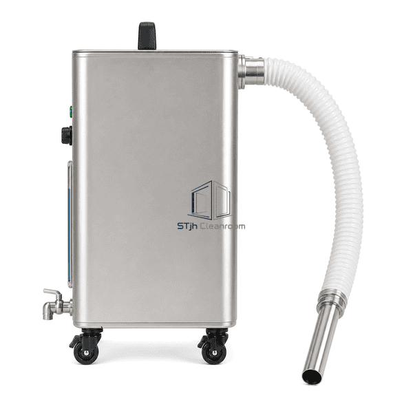 Cleanroom fog generator side view showing body depth and wheels